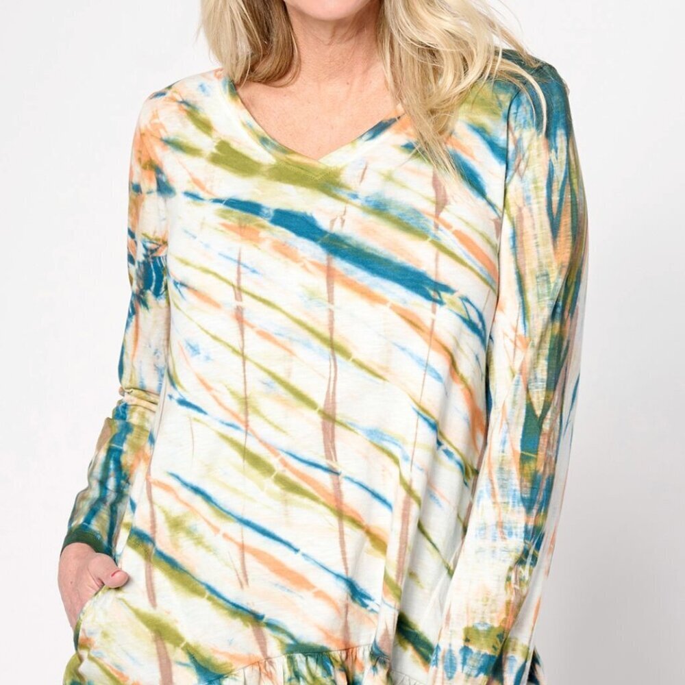 LOGO BY LORI GOLDSTEIN Hand Tie Dye Cotton Slub Top Green Teal Boho Long Sleeve